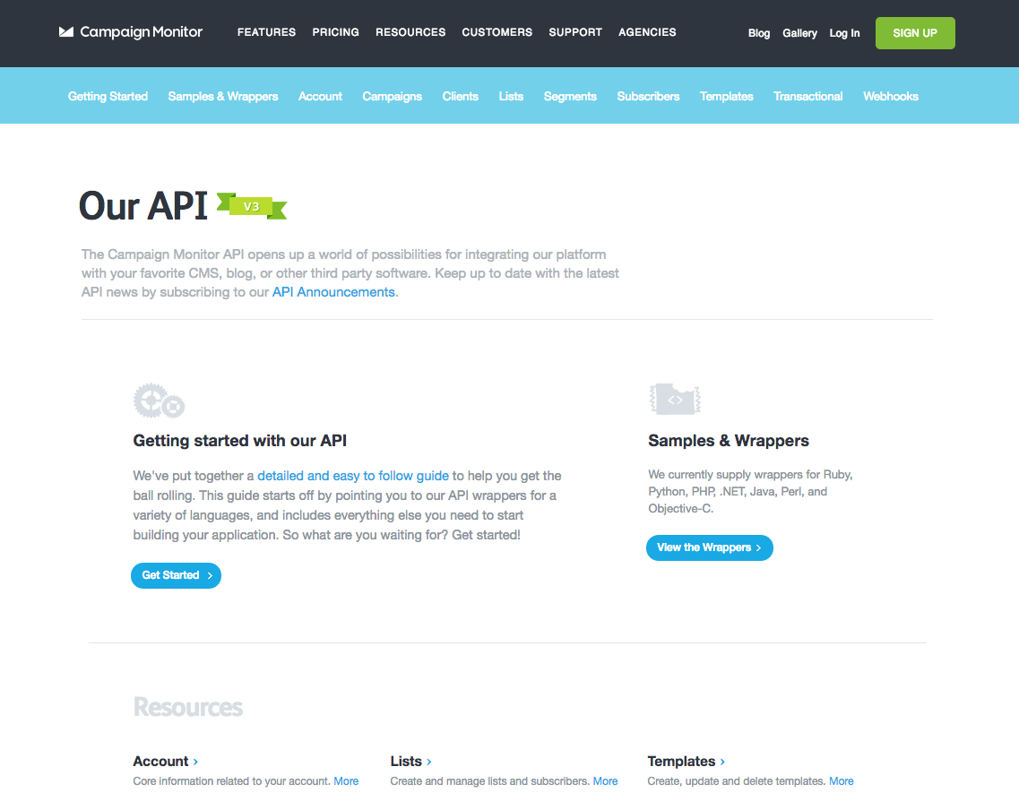 Campaign Monitors API page exhibits quality style