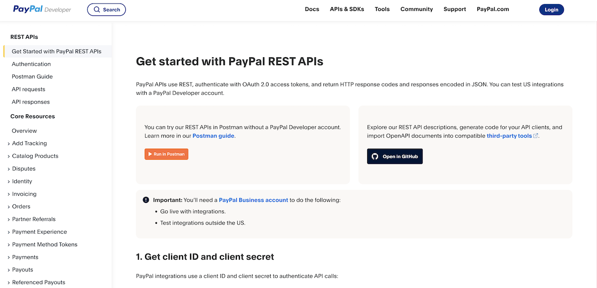 Paypal API developer portal