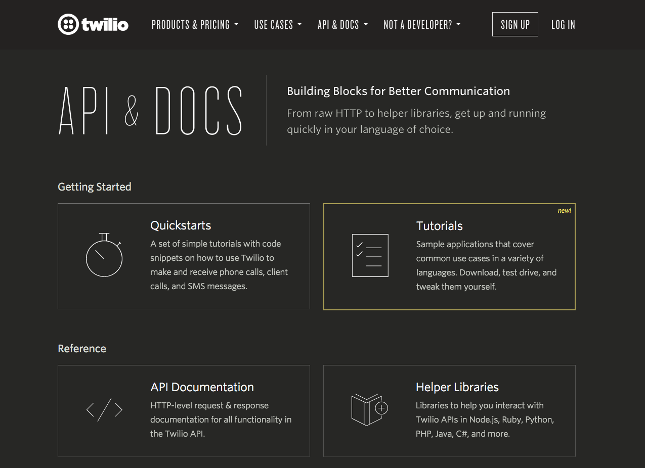 Bold, stately fonts accentuate Twilio's dev center UI
