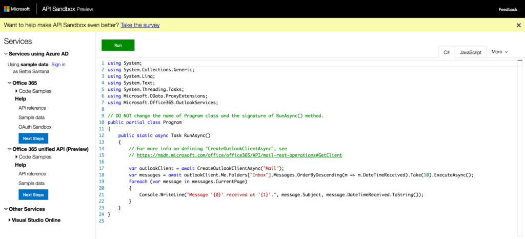Example: Microsoft API sandbox
